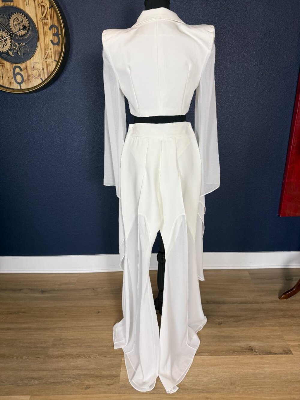 White Ivory Crop Blazer Sheer Chiffon Mermaid Pants Two Piece Set | M - Picture 7 of 9